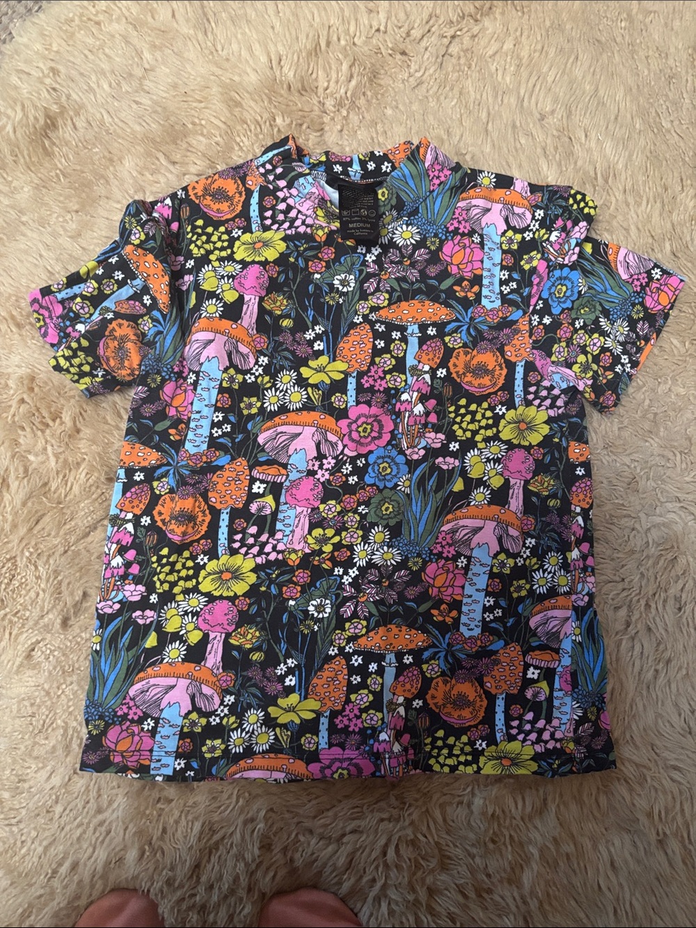 Nooworks Colorful Mushroom & Floral Print Top - Black Background